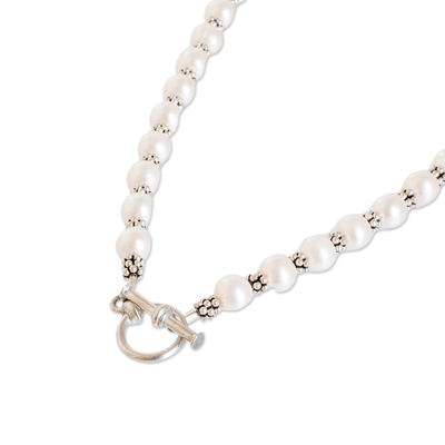 Cultured pearl strand necklace, 'Luxurious Love' - Cultured Pearl Strand Necklace with Sterling Silver Beads