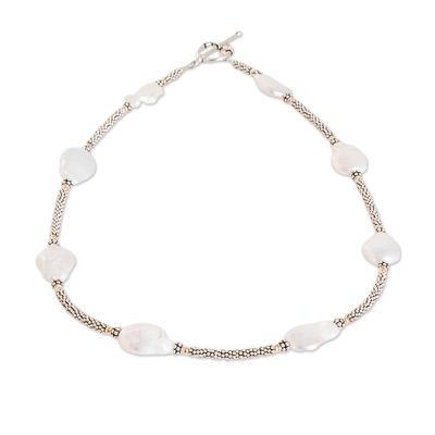 Cultured pearl station necklace, 'Exquisite Luminosity' - Sterling Silver Station Necklace with Cultured Coin Pearls