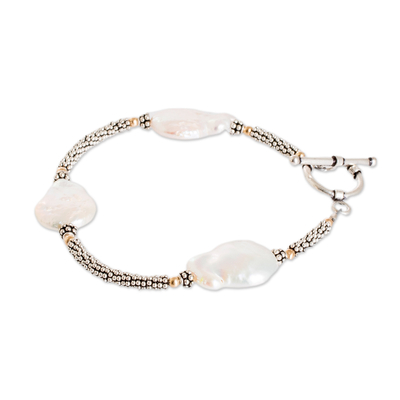 Cultured pearl station bracelet, 'Exquisite Luminosity' - Sterling Silver Station Bracelet with Cultured Coin Pearls