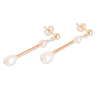 Gold-plated cultured pearl dangle earrings, 'Chic Luxe' - Gold-Filled Sterling Silver Cultured Pearl Dangle Earrings