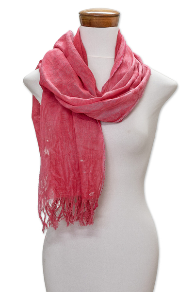 Cotton scarf, 'Coral Red' - Hand-Painted Fringed Cotton Scarf in Red from Costa Rica