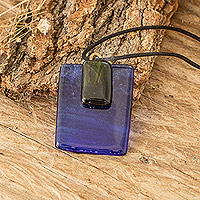 Recycled glass pendant necklace, 'Crystalline Allure' - Modern Blue and Green Square Recycled Glass Pendant Necklace
