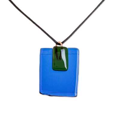 Recycled glass pendant necklace, 'Crystalline Allure' - Modern Blue and Green Square Recycled Glass Pendant Necklace
