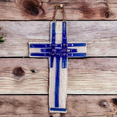 Glass wall cross, 'Intuitive Prayer' - Handcrafted Blue Float Glass Wall Cross from Costa Rica