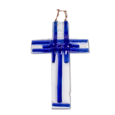 Glaswandkreuz - Handgefertigtes Wandkreuz aus blauem Floatglas aus Costa Rica