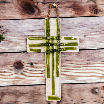 Glass wall cross, 'Forest Prayer' - Handmade Dark Green Float Glass Wall Cross from Costa Rica