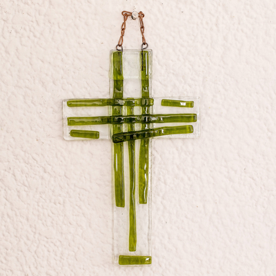 Glass wall cross, 'Forest Prayer' - Handmade Dark Green Float Glass Wall Cross from Costa Rica
