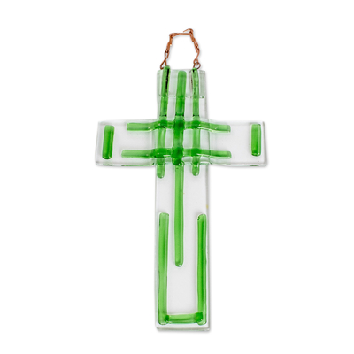 Glaswandkreuz - Handgefertigtes leuchtend grünes Floatglas-Wandkreuz aus Costa Rica
