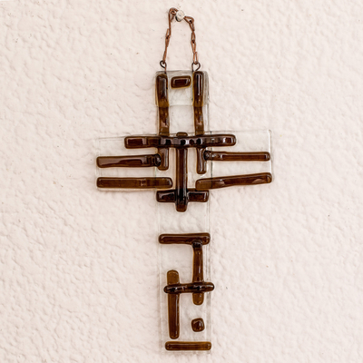 Glass wall cross, 'Strong Prayer' - Handcrafted Brown Float Glass Wall Cross from Costa Rica
