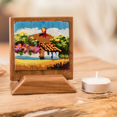 Wood decorative accent, 'Vibrant Volcano' - Hand-Painted Tabletop Wall Wood Decorative Accent with Stand
