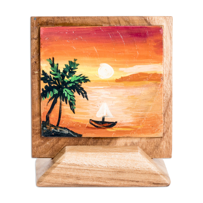 Acento decorativo de madera, 'Tarde en el mar' - Acento decorativo de paisaje marino de madera para mesa y pared con soporte