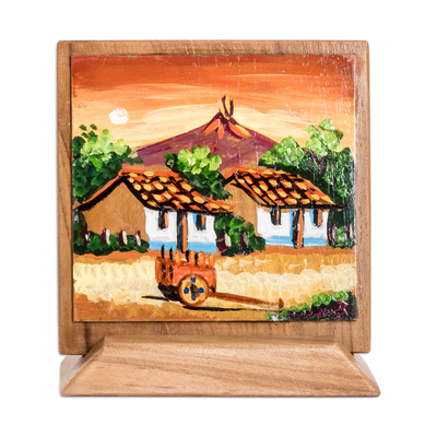 Wood decorative accent, 'Countryside Afternoon' - Hand-Painted Table & Wall Wood Decorative Accent with Stand