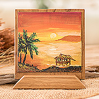 Acento decorativo de madera, 'Tarde de playa' - Acento decorativo natural de madera para mesa y pared con soporte