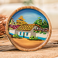 Cedar decorative plate, 'Enchanting Town' - Hand-Carved Painted Costa Rican Cedar Wood Decorative Plate