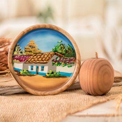 Cedar decorative plate, 'Enchanting Town' - Hand-Carved Painted Costa Rican Cedar Wood Decorative Plate