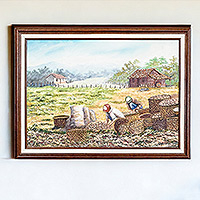 'Tiempo de cosecha' - Pintura al óleo de paisaje impresionista enmarcada de Costa Rica