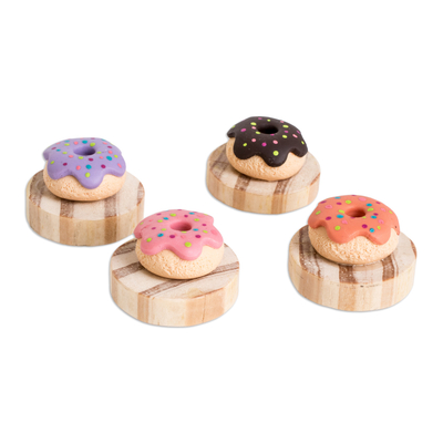Cold porcelain and wood magnets, 'Sweetness & Delight' (set of 4) - 4 Hand-Painted Cold Porcelain & Wood Donut Kitchen Magnets