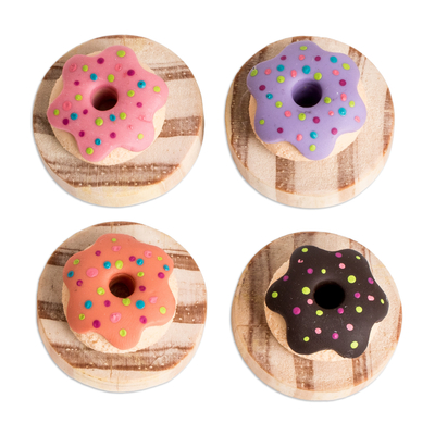 Cold porcelain and wood magnets, 'Sweetness & Delight' (set of 4) - 4 Hand-Painted Cold Porcelain & Wood Donut Kitchen Magnets