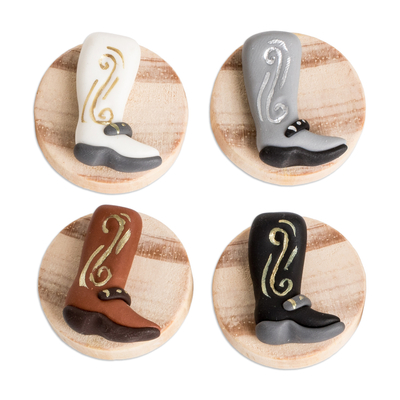 Cold porcelain and wood magnets, 'Authentic Texan' (set of 4) - 4 Cold Porcelain and Wood Cowboy Boot Kitchen Magnets