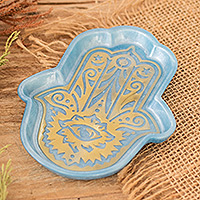 Catchall de resina, 'Serene Hamsa' - Catchall de resina azul y dorada en forma de Hamsa hecho a mano