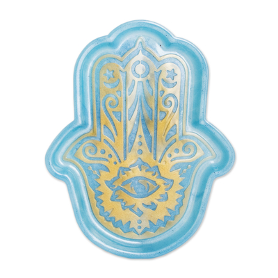 Resin catchall, 'Serene Hamsa' - Handcrafted Hamsa-Shaped Blue and Golden Resin Catchall