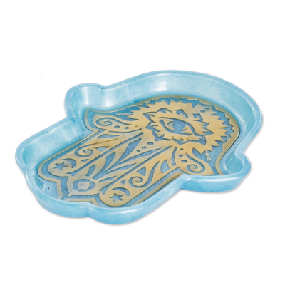 Resin catchall, 'Serene Hamsa' - Handcrafted Hamsa-Shaped Blue and Golden Resin Catchall