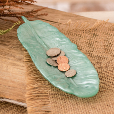 Resin catchall, 'Feather of Peace' - Feather-Shaped Turquoise Resin Catchall from Costa Rica