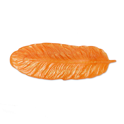 Resin catchall, 'Feather of Joy' - Feather-Shaped Orange Resin Catchall from Costa Rica