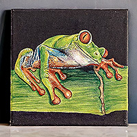 'Encantadora rana arbórea de ojos rojos' - Acrílico ecológico sobre lienzo Pintura realista de rana