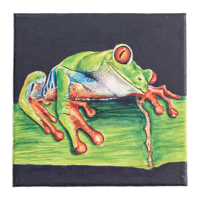 'Charming Red-Eyed Tree Frog' - Acrílico ecológico sobre lienzo Pintura realista de ranas