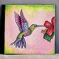 'Multicolored Flight' - Eco-Friendly Colorful Acrylic Realistic Hummingbird Painting