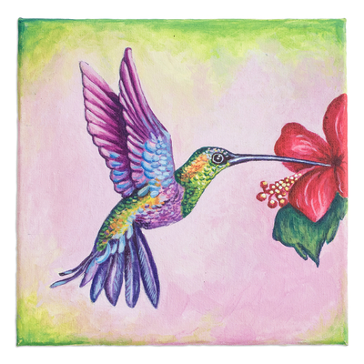 'Multicolored Flight' - Pintura de colibrí realista acrílica colorida ecológica