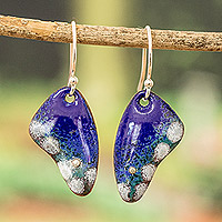 Enameled copper dangle earrings, 'Small Blue Winged Butterfly'