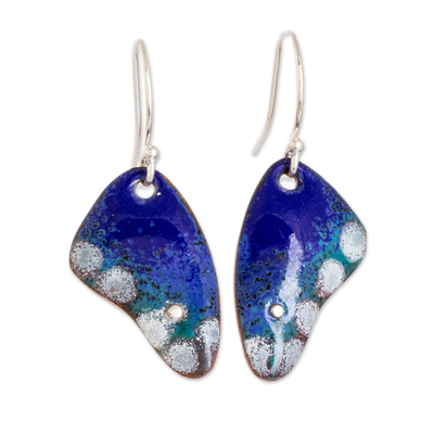 Enameled copper dangle earrings, 'Small Blue Winged Butterfly' - Enameled Copper Dangle Earrings with Butterfly Wing Motif