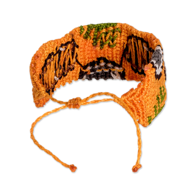 Macrame wristband bracelet, 'Orange Tropic' - Tropical-Themed Handwoven Orange Macrame Wristband Bracelet