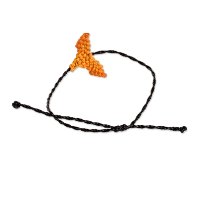 Macrame pendant bracelet, 'Marine Spirit in Orange' - Handwoven Black Macrame Bracelet with Orange Fin Pendant
