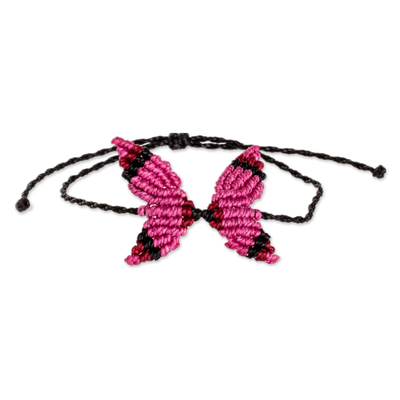 Macrame pendant bracelet, 'Fuchsia Hope' - Handmade Butterfly-Themed Fuchsia Macrame Pendant Bracelet
