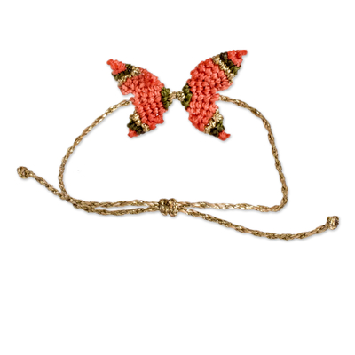 Macrame pendant bracelet, 'Pink Hope' - Handmade Butterfly-Themed Red Macrame Pendant Bracelet