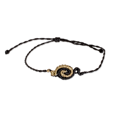 Macrame pendant bracelet, 'Perseverant Golden' - Black and Golden Macrame Bracelet with Snail Shell Pendant