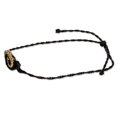 Macrame pendant bracelet, 'Perseverant Golden' - Black and Golden Macrame Bracelet with Snail Shell Pendant