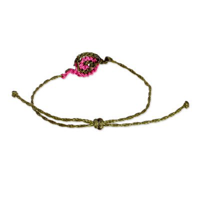 Macrame pendant bracelet, 'Perseverant Pink' - Pink and Green Macrame Bracelet with Snail Pendant