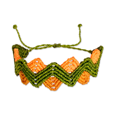 Macrame wristband bracelet, 'Zigzag Tropic' - Adjustable Zigzag Green and Orange Wristband Bracelet