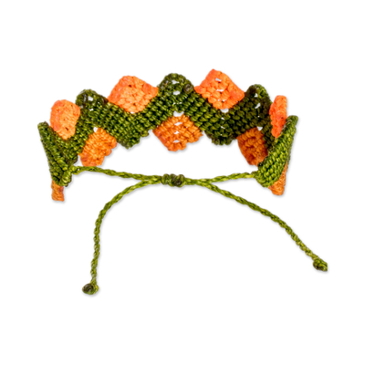 Macrame wristband bracelet, 'Zigzag Tropic' - Adjustable Zigzag Green and Orange Wristband Bracelet