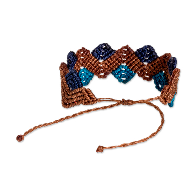 Macrame wristband bracelet, 'Zigzag Ocean' - Adjustable Zigzag Blue and Brown Wristband Bracelet