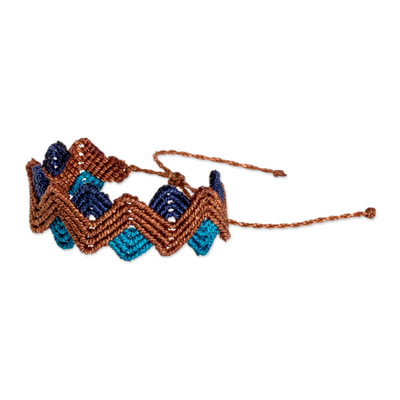 Macrame wristband bracelet, 'Zigzag Ocean' - Adjustable Zigzag Blue and Brown Wristband Bracelet