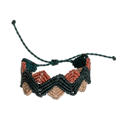 Macrame wristband bracelet, 'Zigzag Coast' - Adjustable Zigzag Teal and Beige Wristband Bracelet