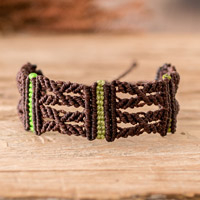 Macrame wristband bracelet, 'Forest Link' - Handwoven Brown and Green Macrame Wristband Bracelet