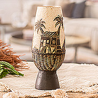 Acento decorativo de calabaza seca, 'Paisaje caribeño' - Acento decorativo de calabaza seca hecha a mano de la ciudad caribeña