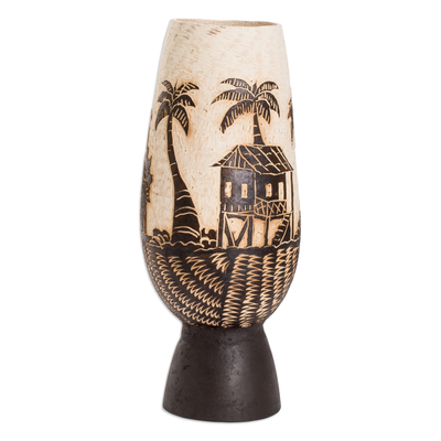Dried gourd decorative accent, 'Caribbean Landscape' - Handcrafted Dried Gourd Caribbean Town Decorative Accent