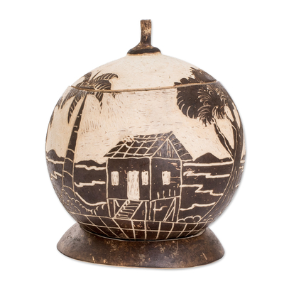 Dried gourd decorative accent, 'Caribbean Landscape' - Handmade Round Dried Gourd Caribbean Town Decorative Accent